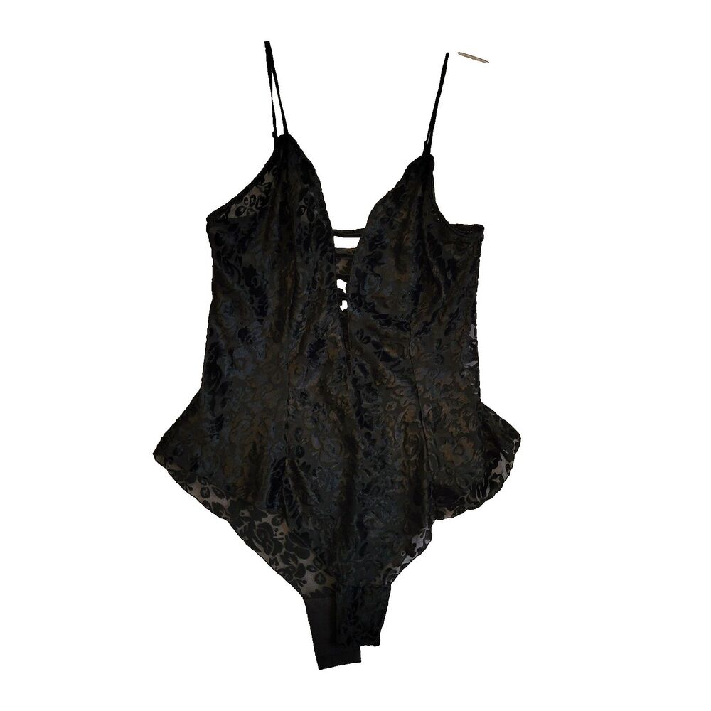Victorias Secret Teddy Bodysuit Large Black Burnout Velvet Vintage Sexy Coquet